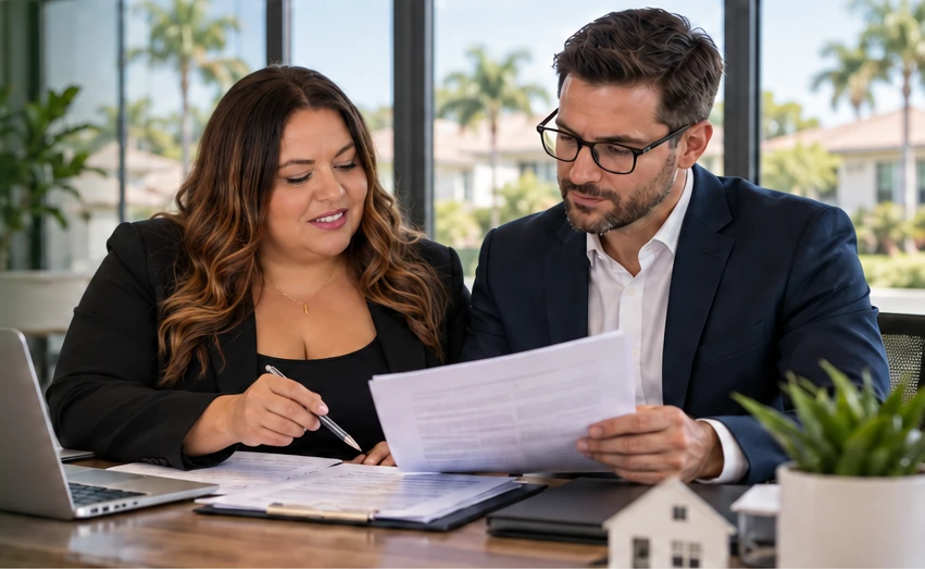 Angelica reviewing a loan document with a mortgage professional