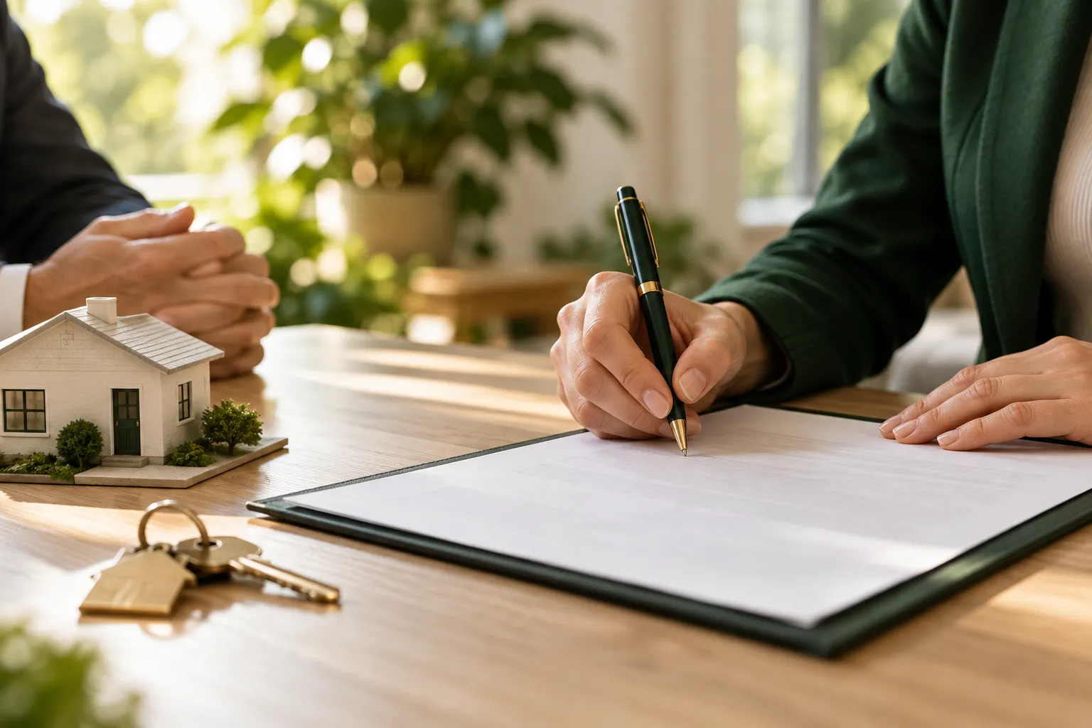 Signing closing documents next to a model house and keys