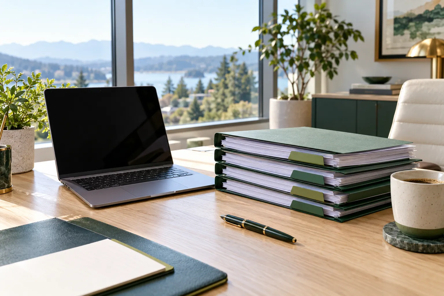 Loan file folders prepared next to a laptop